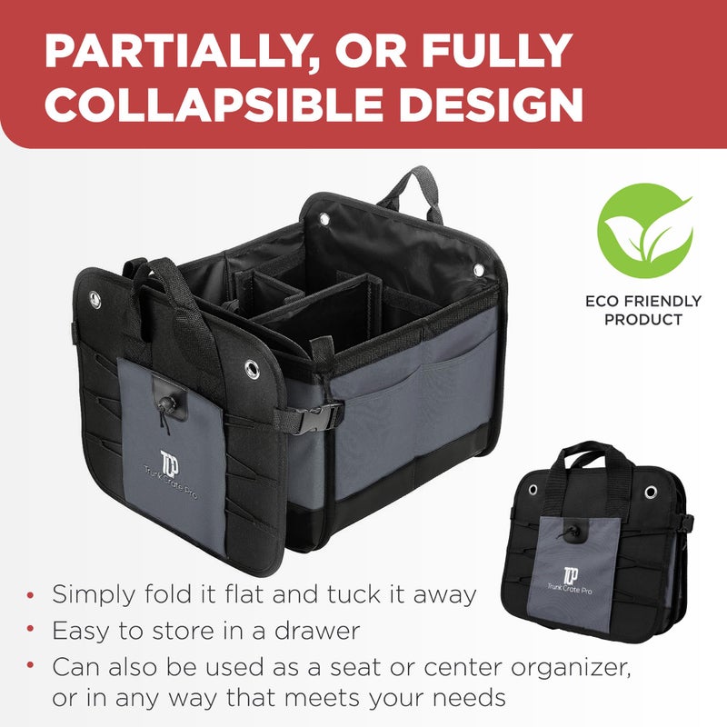 TRUNKCRATEPRO Trunk Organizer For Car, Suv, Truck | Premium Adjustable Multi Compartments Collapsible Car Trunk Organizer With Securing Straps & Non-Slip Bottom (Large Size, Grey) - Image 5